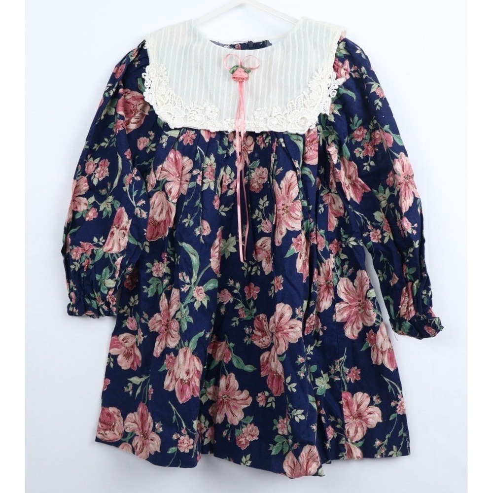 VTG Girls Floral Large‎ Lace Trim Collar Prairie Dress by Bryan 3T/4T